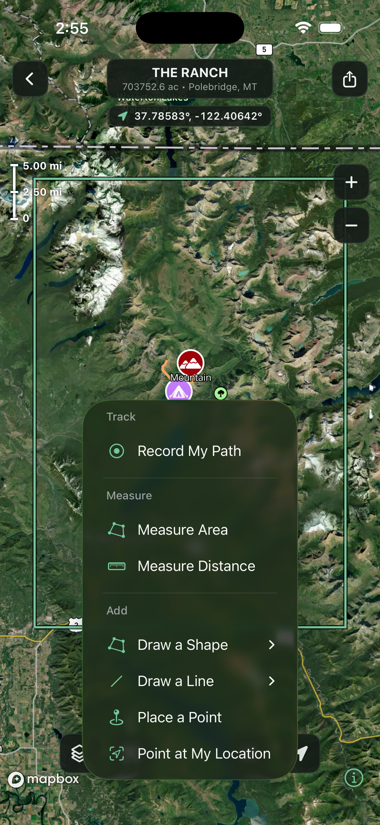 TerraMarker tools menu — record path, measure area and distance, draw shapes and lines